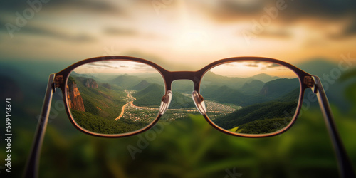 Brille Sehhilfe für scharfes sehen, Landschaft Aussicht scharf und unscharf Sicht, ai generativ