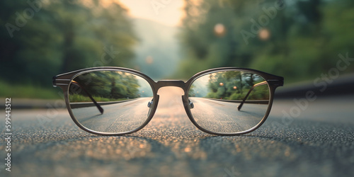 Brille Sehhilfe f  r scharfes sehen  Stra  e Fahrbahn scharf und unscharf Sicht  ai generativ