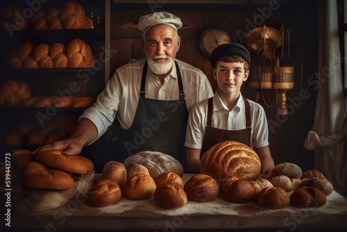 A man and a boy standing in front of a table full of bread. AI generative. Generative AI