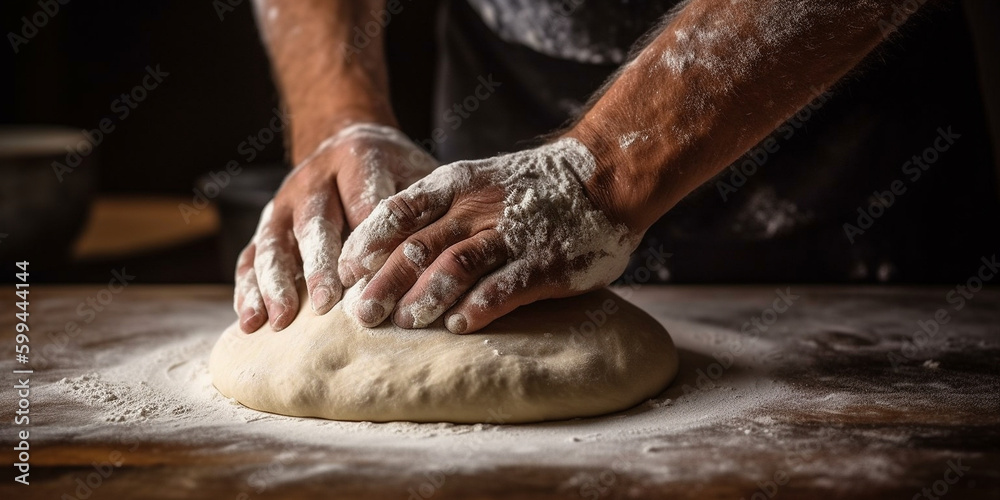 Hausgemachter Pizzateig durch Hand geknetet, ai generativ