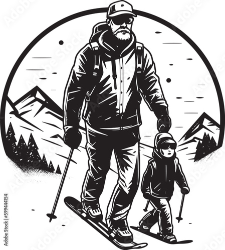Father and child skiing or snowboarding together, T-Shirt, Vector