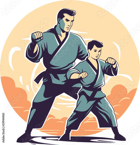 Father and child practicing martial arts together, Vector, T-Shirt