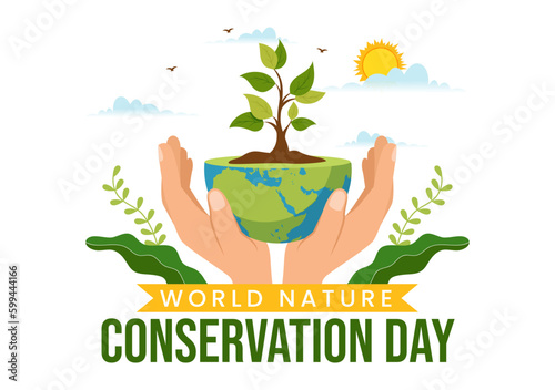 World Nature Conservation Day Vector Illustration with World Map, Tree and Eco Friendly Ecology in Flat Cartoon Hand Drawn Landing Page Templates