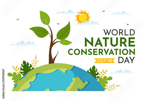 World Nature Conservation Day Vector Illustration with World Map, Tree and Eco Friendly Ecology in Flat Cartoon Hand Drawn Landing Page Templates