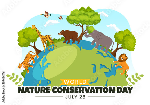 World Nature Conservation Day Vector Illustration with World Map, Tree and Eco Friendly Ecology in Flat Cartoon Hand Drawn Landing Page Templates