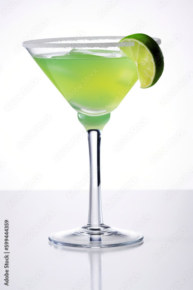 A green Margarita cocktail with a slice of lime on the rim on white background. AI generative. Generative AI