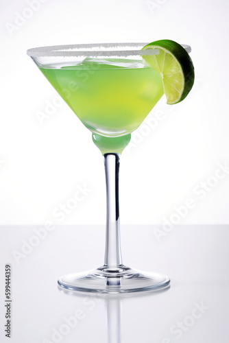 A green Margarita cocktail with a slice of lime on the rim on white background. AI generative. Generative AI