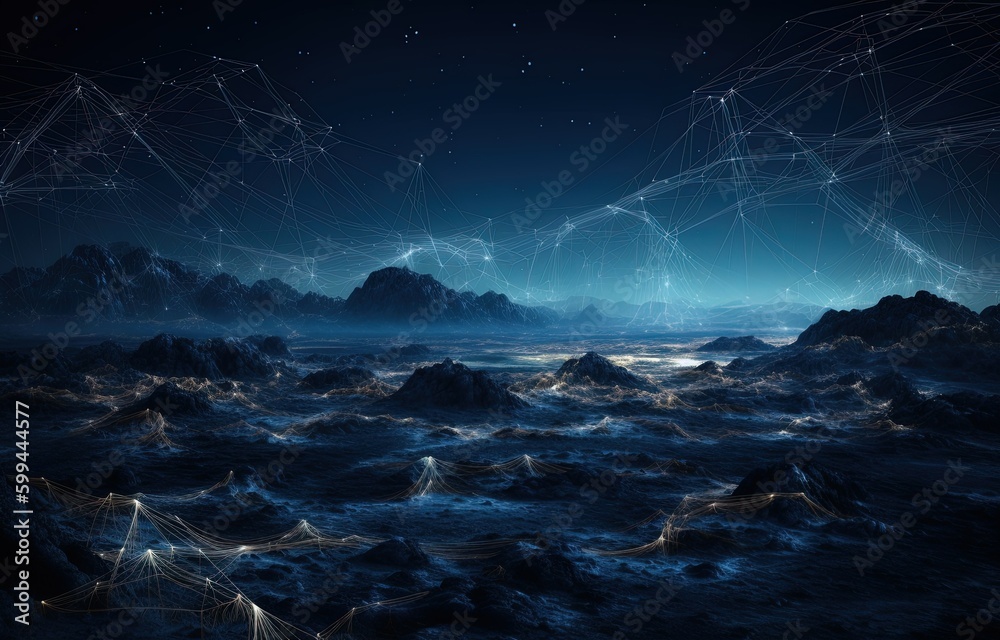 Futuristic technology background with connection lines and dots. mountain 3D rendering