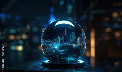 A crystal ball sitting on top of a table. AI generative image of city skyline at night reflected in the ball in cyan and blue light. Generative AI