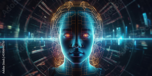 Artificial intelligence in the virtual world of computer technology in a female image. AI generation 