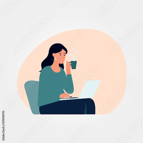 vector illustration, young woman working on her laptop