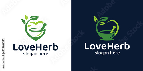 Herbal logo design with Mortar, Pestle, Leaf and heart love design graphic vector illustration. Symbol, icon, creative.