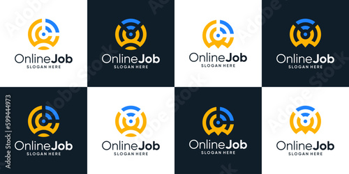 Collection of find jobs online logo design. people logo with pin location and signal network design graphic vector illustration. Symbol, icon, creative.