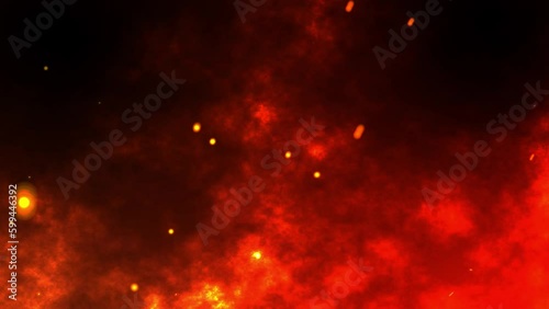 Burning red hot sparks rise from fire seamless loop ,Fire Particles over black background with red smoke