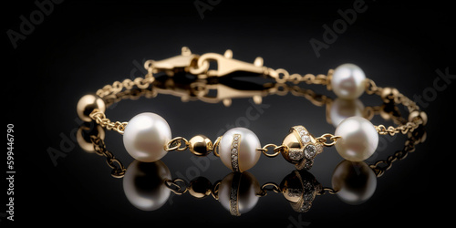 Produktfoto von Goldschmuck edle teure Handgelenk Kette mit Perlen, ai generativ
