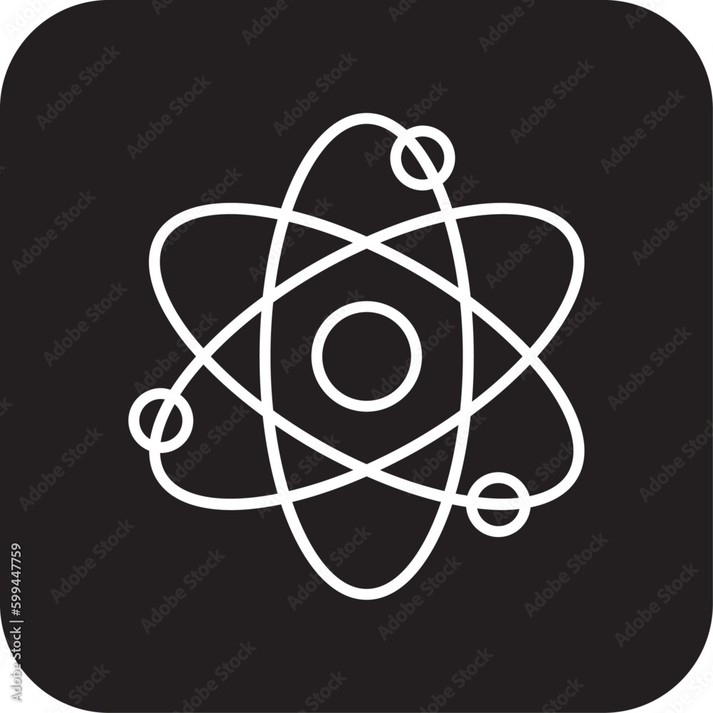 Atom Science icon with black filled line style. molecule, molecular, dna, structure, experiment, biotechnology, proton. Vector illustration