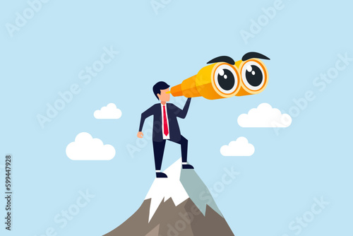 Visionary, look to see future or search for opportunity, finding way to success or discover new job or career, challenge or mission concept, businessman look through telescope to see business vision.