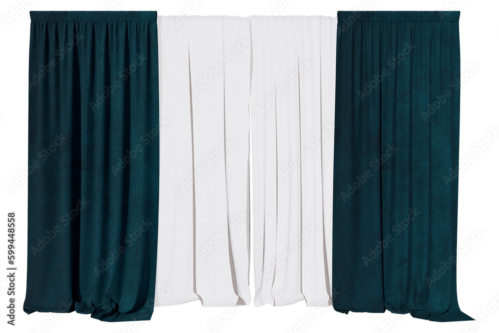 curtains green velvet blackout with curtains sheer in PNG isolated on transparent background. with a 3D image rendering - obrazy, fototapety, plakaty 