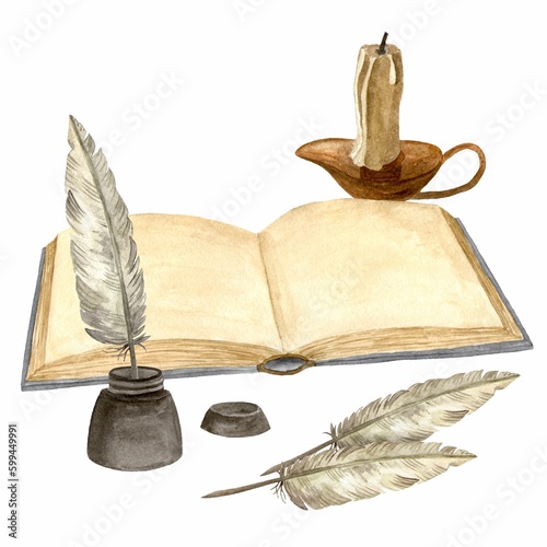 Open book with candle and feather in an inkwell. Watercolor hand drawn illustration isolated on white background. Template for design cards, flyers and invitations.