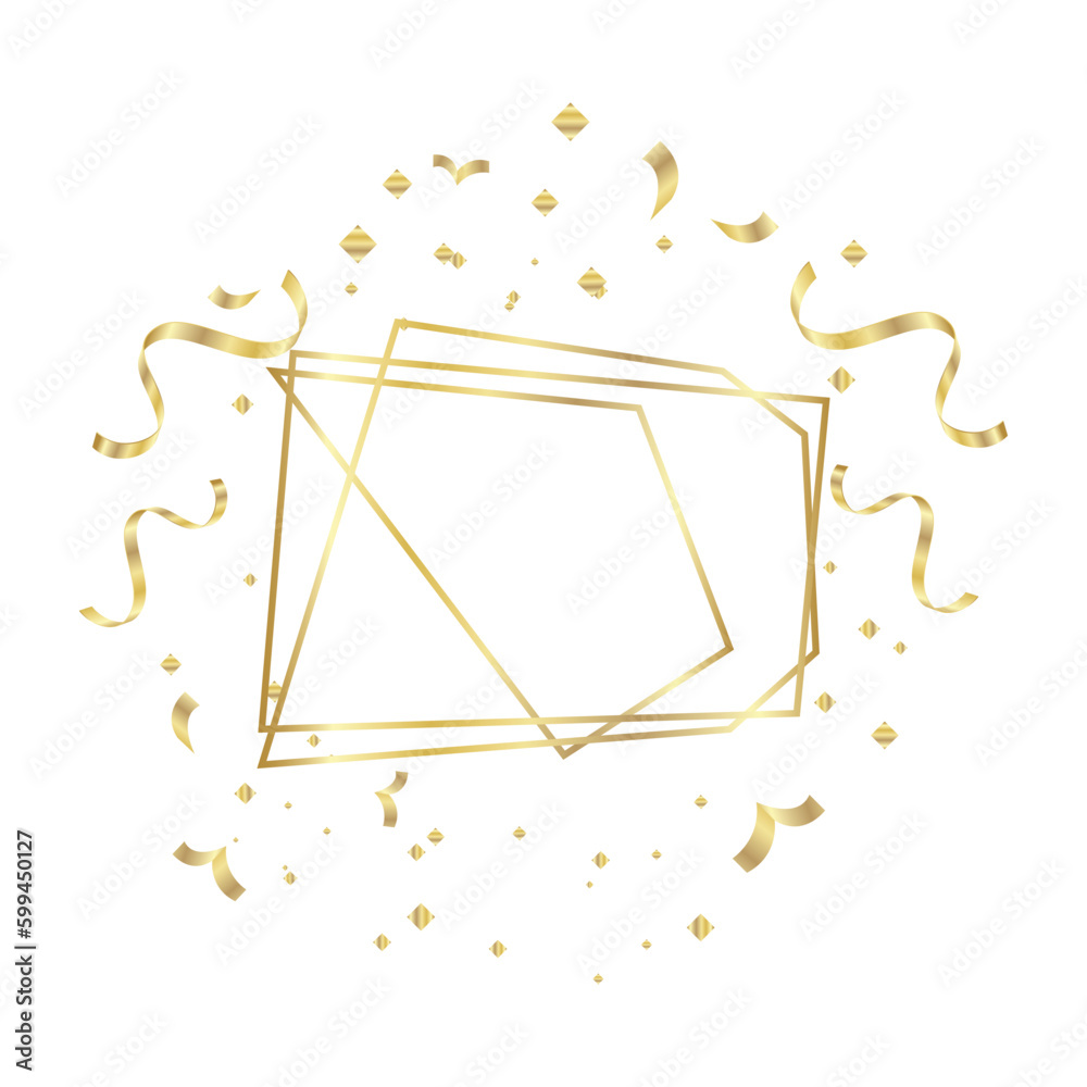 Gold Frame geometrical polyhedron with ribbons ornament, art deco style for wedding invitation, luxury templates, decorative patterns, Modern abstract elements, isolated on backgrounds.