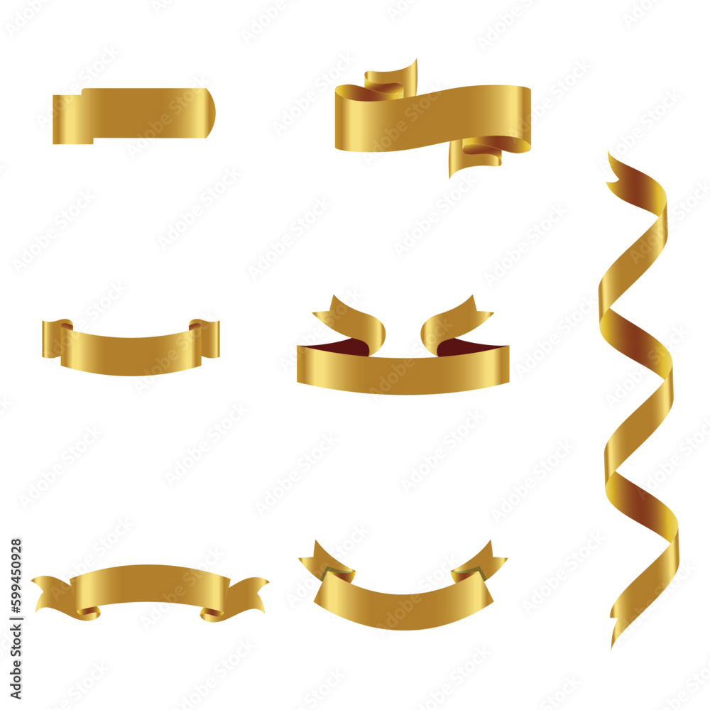 Gold Ribbon Set InIsolated White Background, Vector Illustration