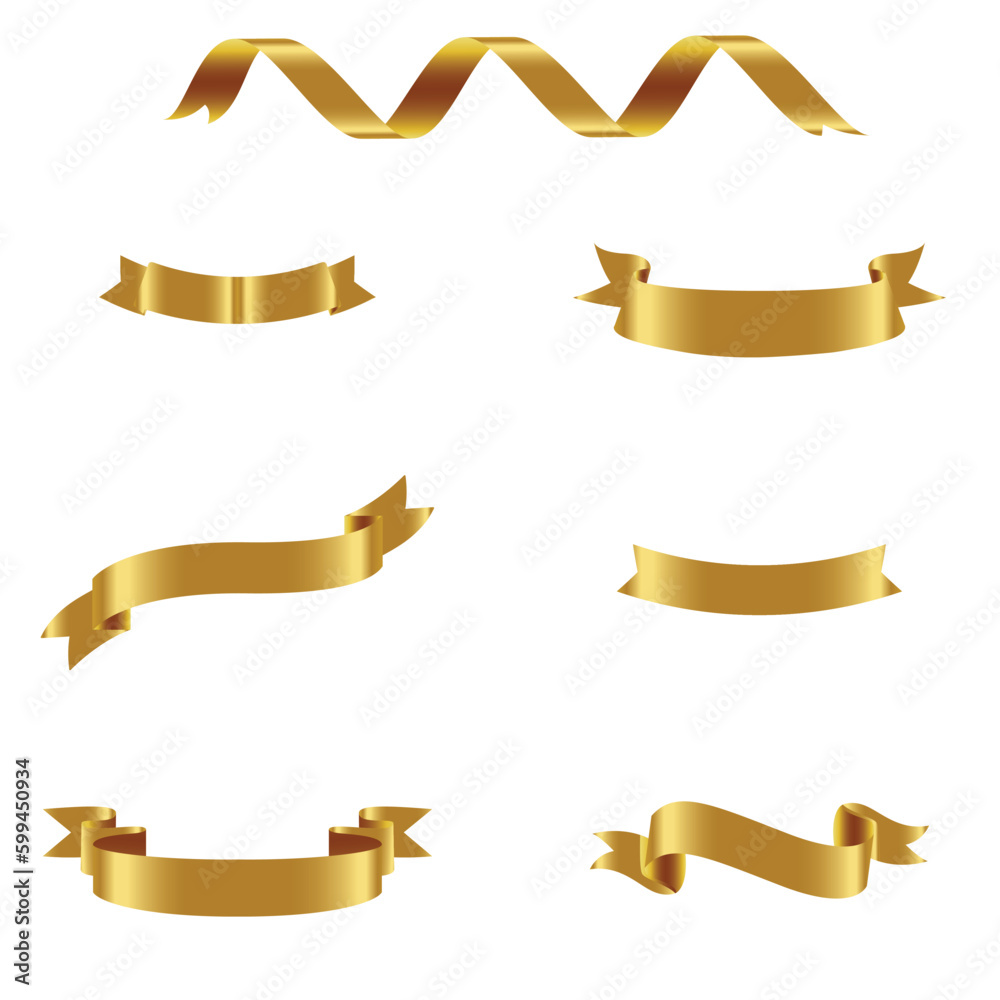 Gold Ribbon Set InIsolated White Background, Vector Illustration