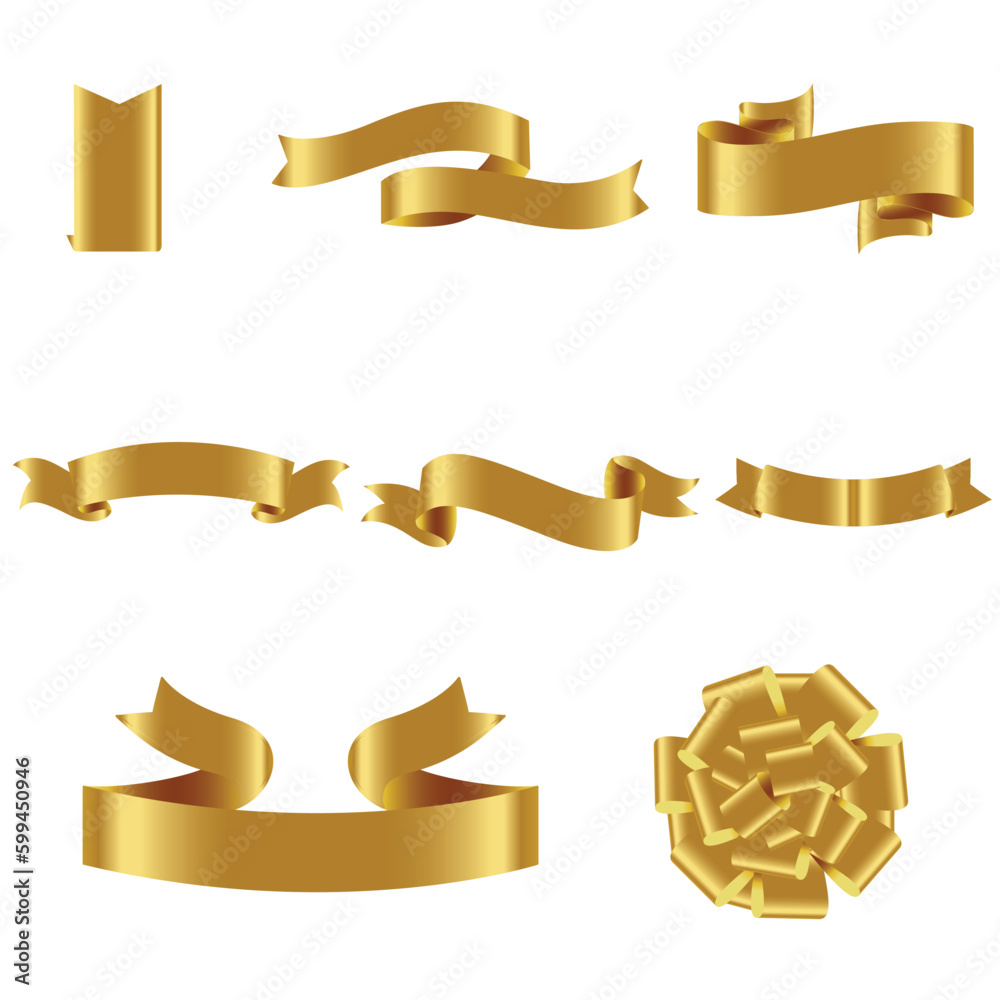 Gold Ribbon Set InIsolated White Background, Vector Illustration