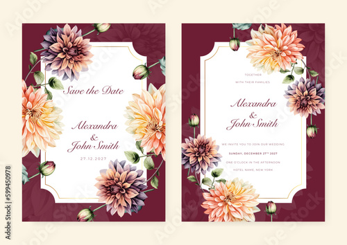 Orange red crysanthemum floral flower elegant wedding invitation watercolor