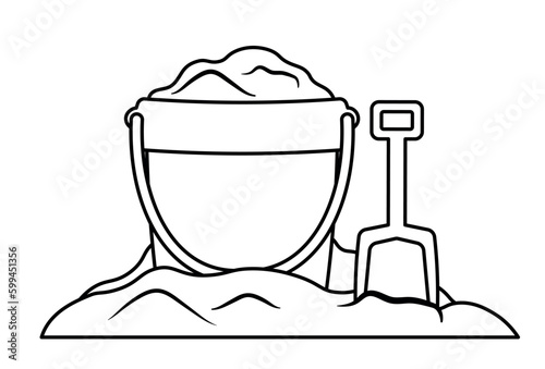 Sand bucket line drawing with shovel icon vector illustration for summer beach kid toys and game