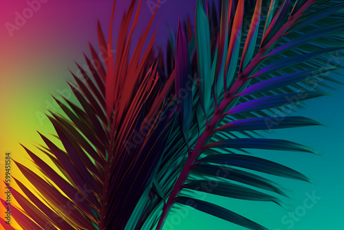 Tropical bright colorful background with exotic painted tropical palm leaves.
