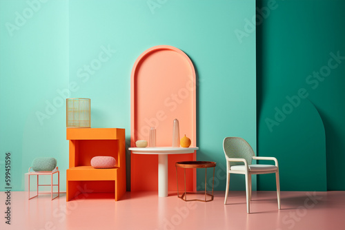 Furniture in modern aesthetic minimal setup studio photography vibrant colours, generative ai