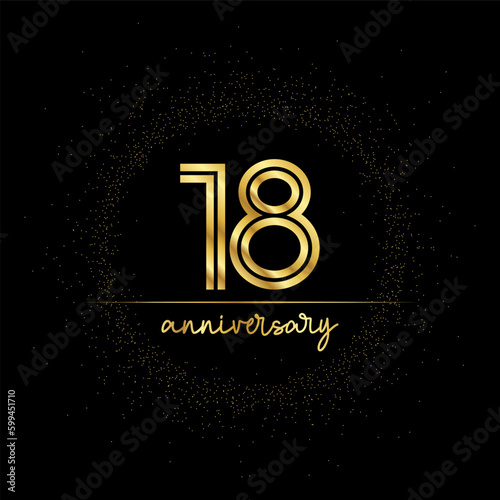 18 years golden number for anniversary with golden glitter and line on a black background