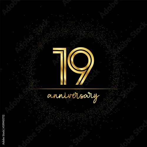 19 years golden number for anniversary with golden glitter and line on a black background