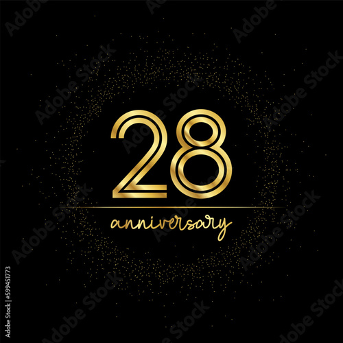 28 years golden number for anniversary with golden glitter and line on a black background