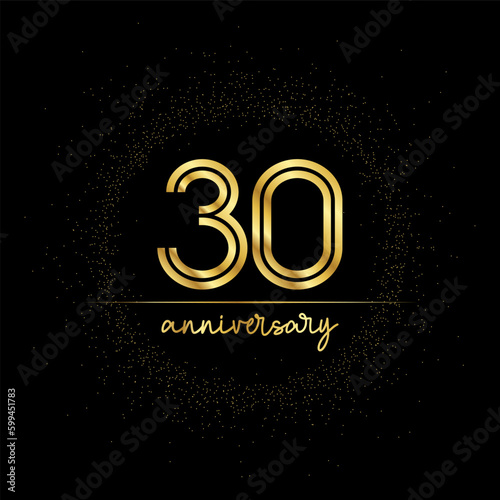 30 years golden number for anniversary with golden glitter and line on a black background