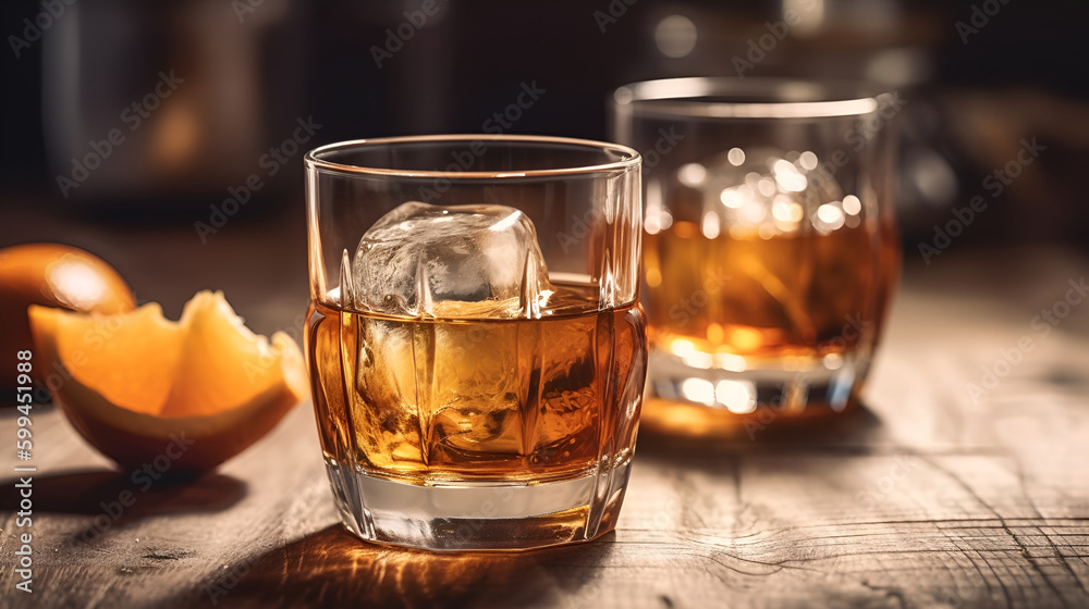 Two glasses of whiskey with ice cubes. ai Two glasses of whiskey with ice cubes. ai