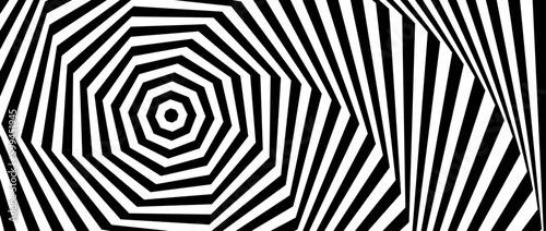 Optical illusion background. Black and white abstract geometric spiral surface. Poster design. Torsion illusion wallpaper. Vector illustration