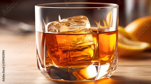 Two glasses of whiskey with ice cubes. ai