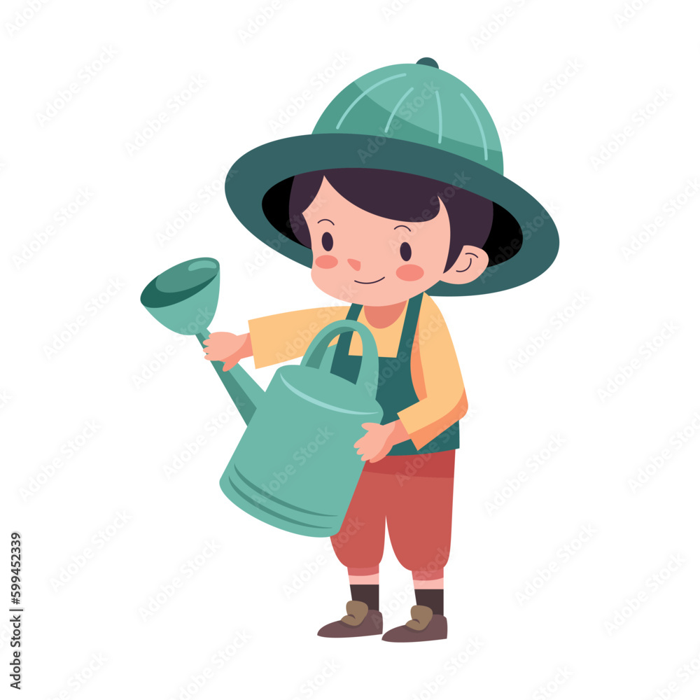 Smiling farmer boy watering organic plants