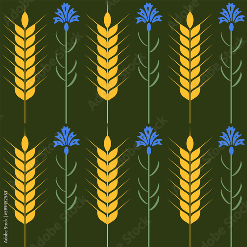 Yellow wheat ears and blue cornflowers  seamless pattern