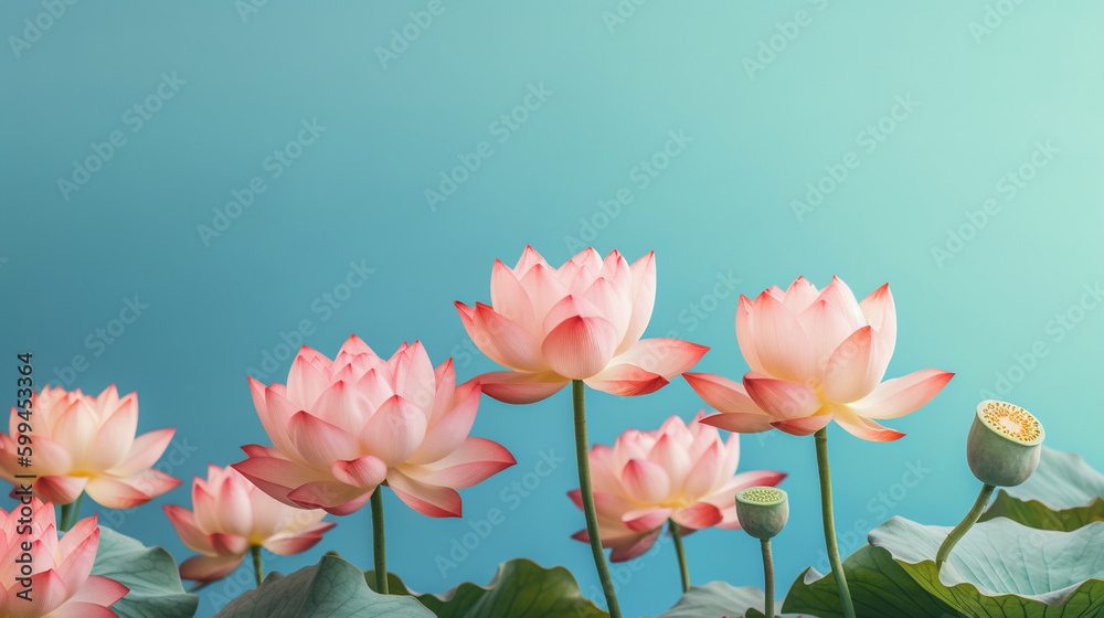 Beautiful Lotus Flowers with Stems and Leaves Growing against Pastel Blue Sky Background - Generative AI Beautiful Lotus Flowers with Stems and Leaves Growing against Pastel Blue Sky Background - Generative AI