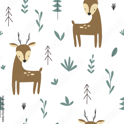 Seamless pattern with cute deer in the forest. Vector illustration isolated on white background for nursery and textile decoration