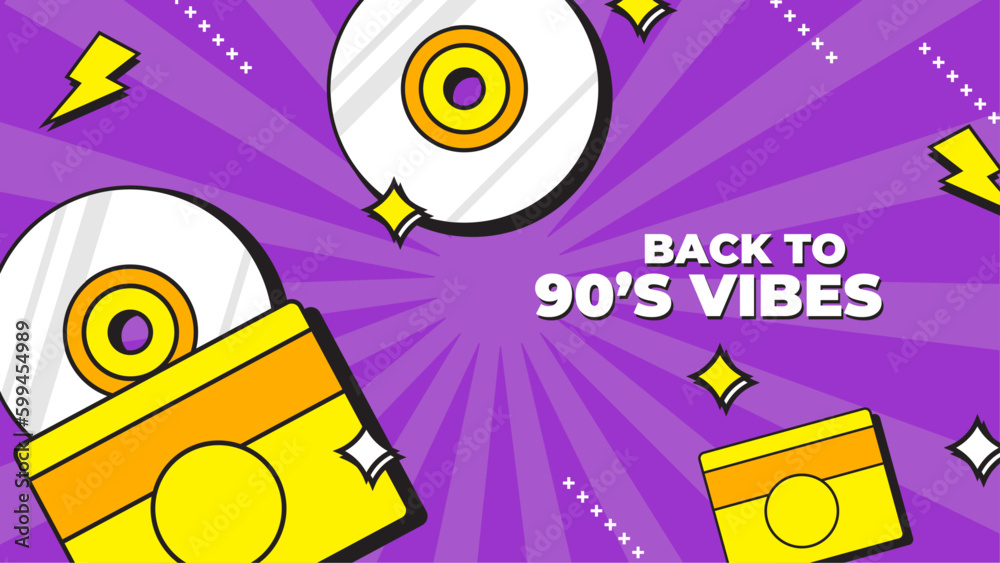 Vector 90s party cartoon background illustration with retro music 1990 and disco in old style design colorful colourful