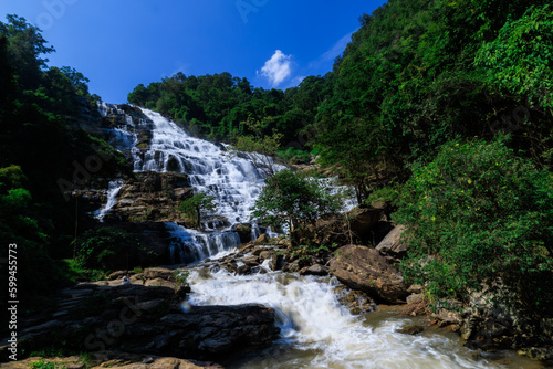 wide angle shot, Mea Ya Waterfall in the rain season at Doi Inthanon National park, north of Chiang Mai Province, Thailand