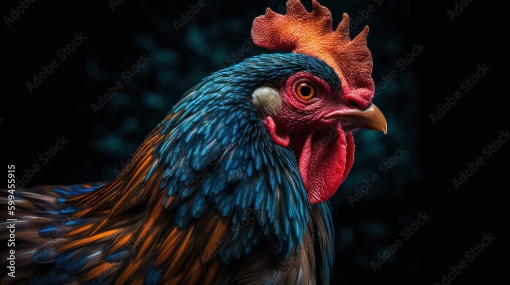 Portrait of a beautiful colorful rooster with a bright red comb on dark background.