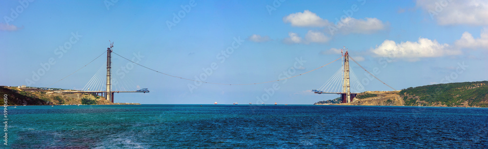 Obraz premium The third bridge in the Bosphorus, Yavuz Sultan Selim Bridge, was under construction in 2014