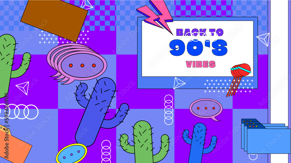 Naklejka premium Vector colorful colourful hand drawn flat nostalgic 90's social media post template