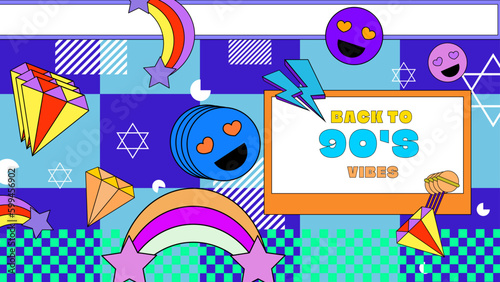 Vector 90s retro party cartoon background illustration in trendy flat style design colorful colourful