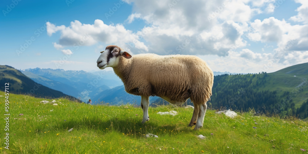 Obraz premium Sheep grazing on meadow in mountains, Generative AI