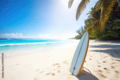 Surfboard standing in sand on tropical beach, Generative AI